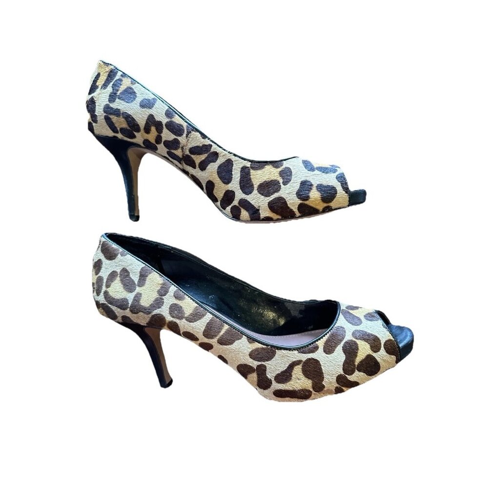 Vince Camuto Leopard Peeptoe Leather Heels — Size 8